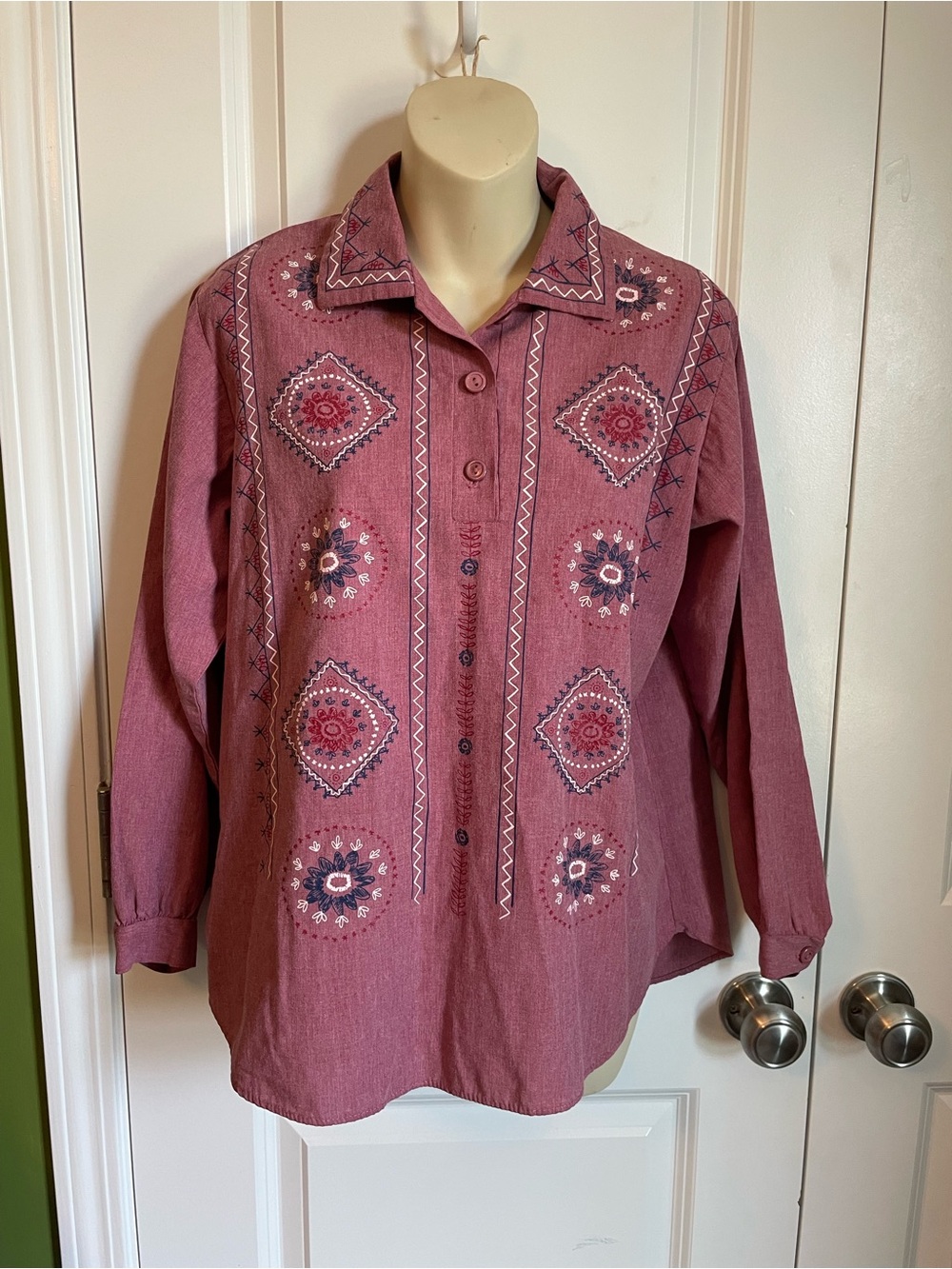 Blair Vintage Americana Blouse 12P Red White & Blue Long Sleeve Floral